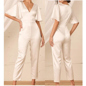 LULU'S XS Forever Awaits White Satin Flutter Sleeve Jumpsuit NEW B126 *flaw